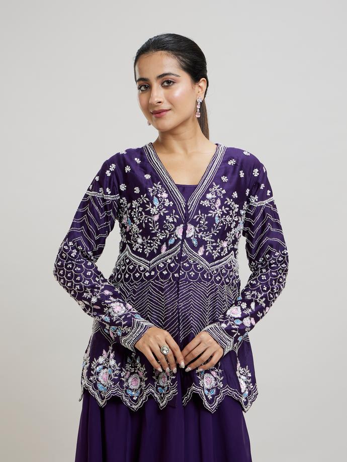 Twamev Women Elegant Purple Stitched Suit