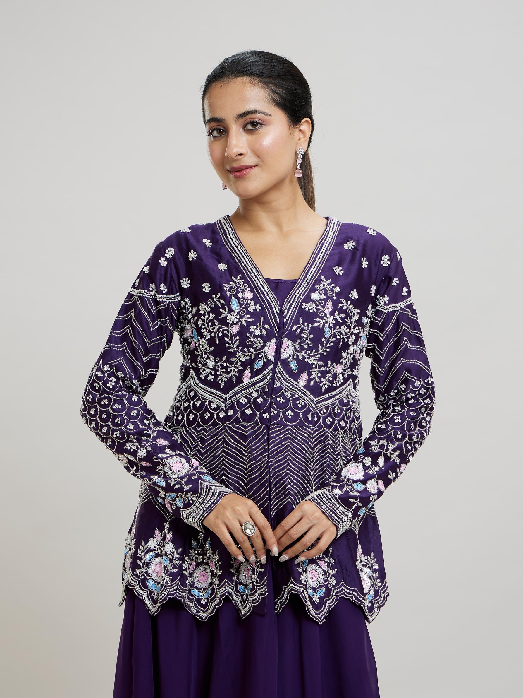 Twamev Women Elegant Purple Stitched Suit