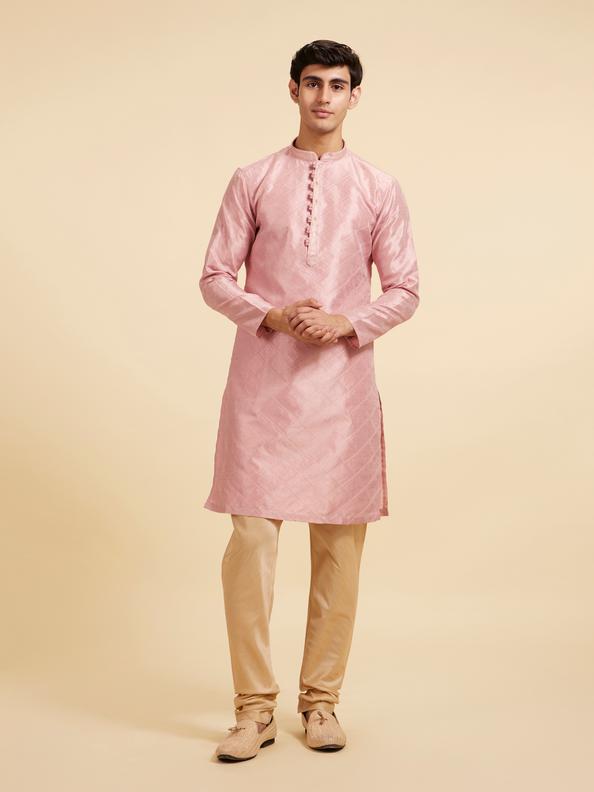 Diwas Men Rose Pink Buta Jaal Patterned Kurta with Rhinestones