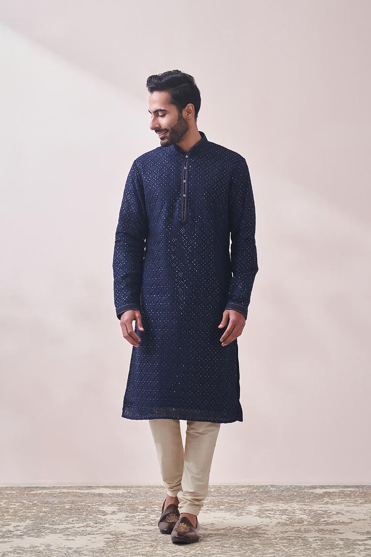 Twamev Men Twilight Blue Chikankari Kurta Set