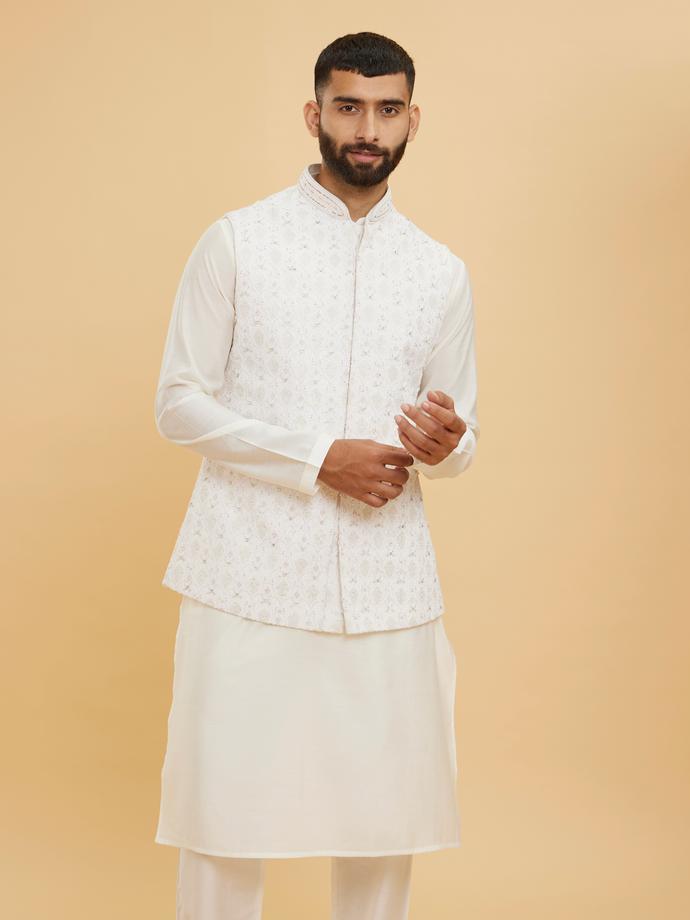 Twamev Men Warm White Buta Patterned Jacket Set with Sequin Work