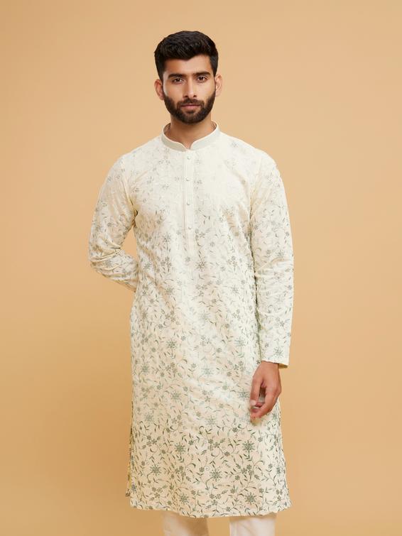 Twamev Men Exquisite Cream and Green Kurta Pajama