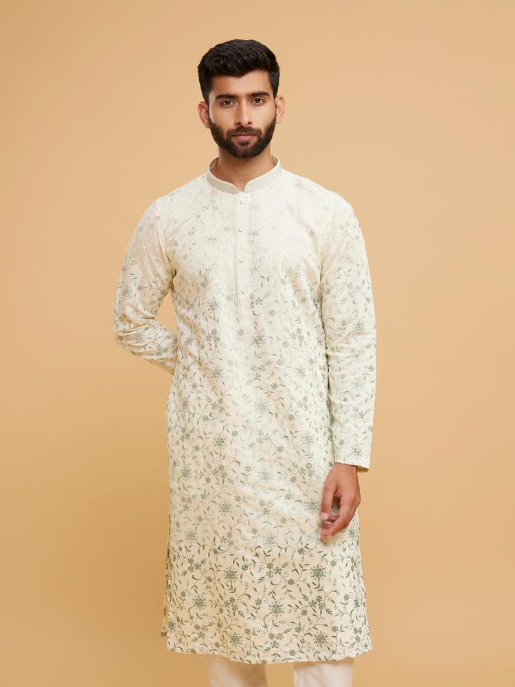 Twamev Men Exquisite Cream and Green Kurta Pajama