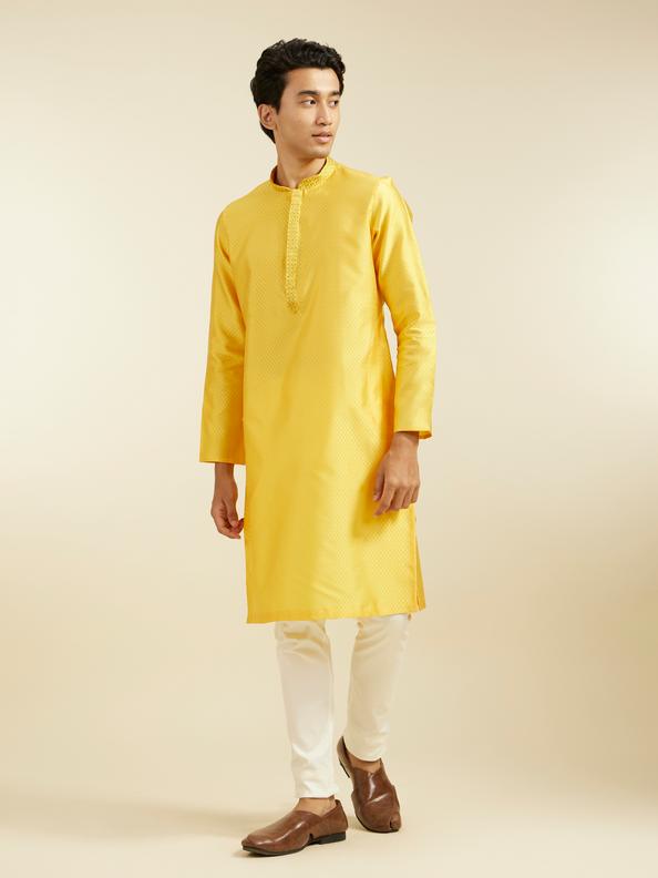 Diwas Men Sunshine Yellow Lattice Patterned Kurta with Embroidered Neckline