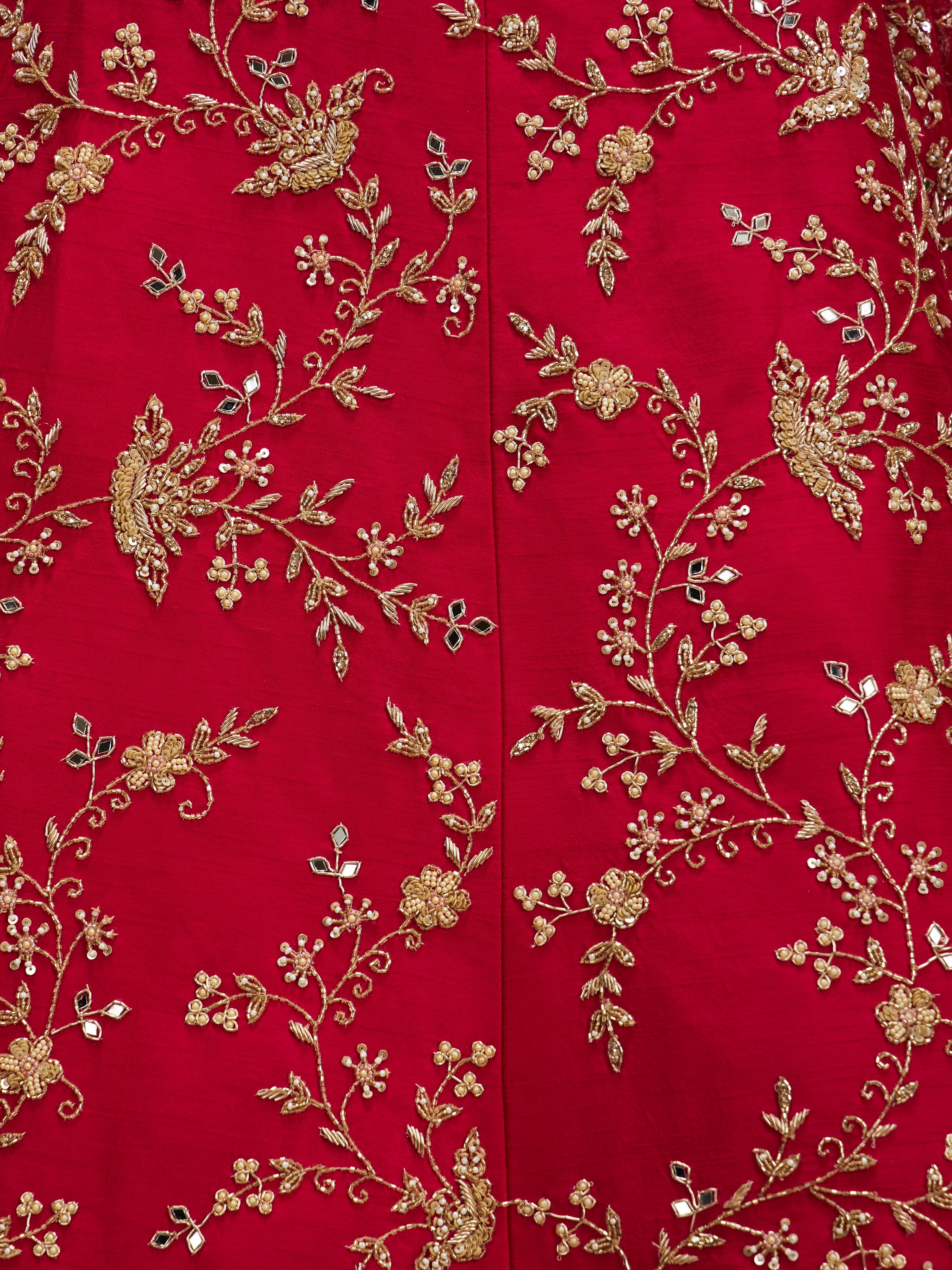 Twamev Women Rani Pink Bel Buti Embroidered Lehenga with Scalloped Borders And Pillow Trim Latkans