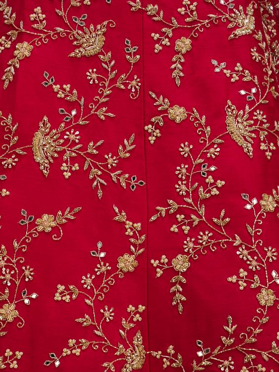 Twamev Women Rani Pink Bel Buti Embroidered Lehenga with Scalloped Borders And Pillow Trim Latkans