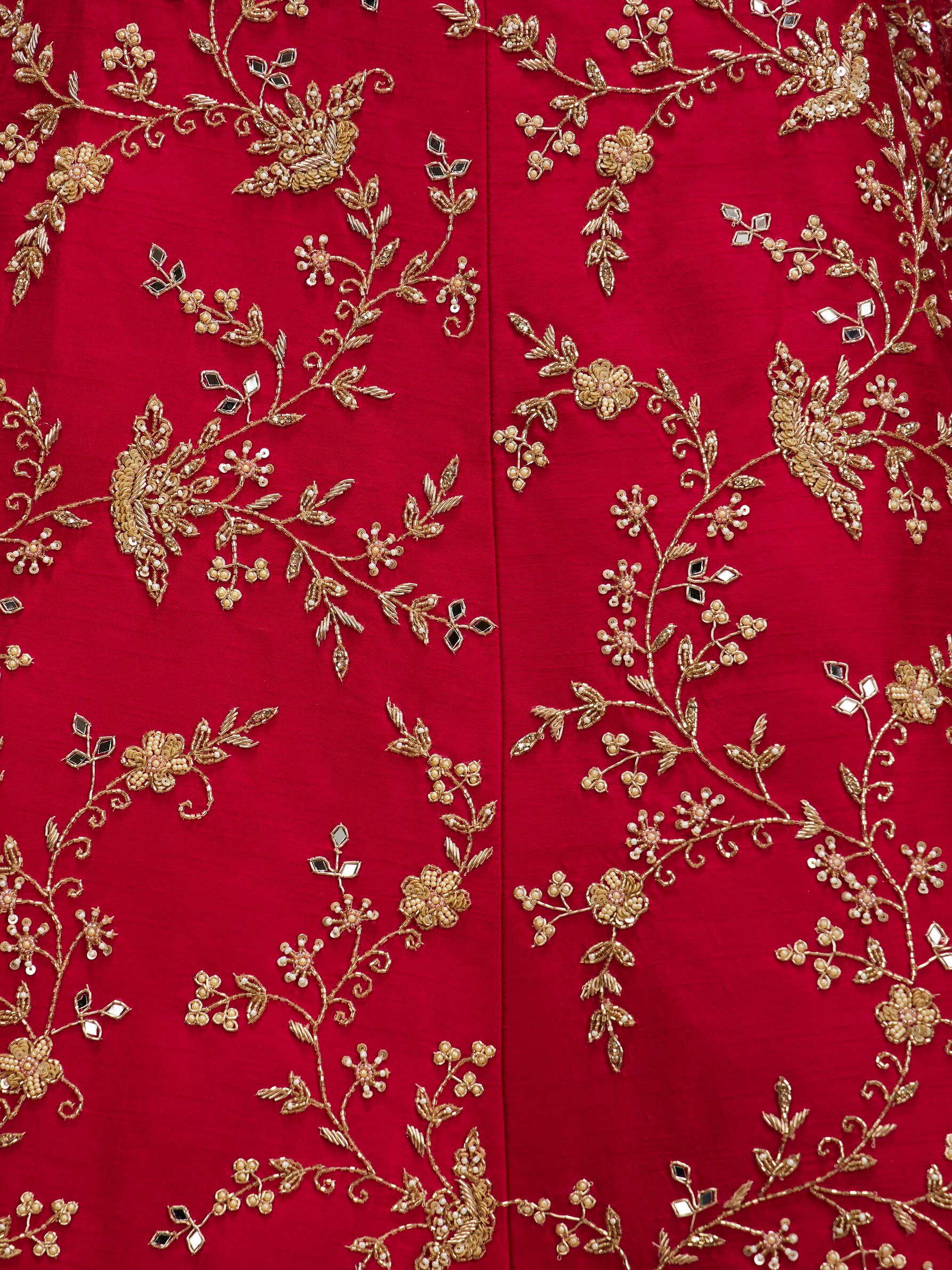 Twamev Women Rani Pink Bel Buti Embroidered Lehenga with Scalloped Borders And Pillow Trim Latkans