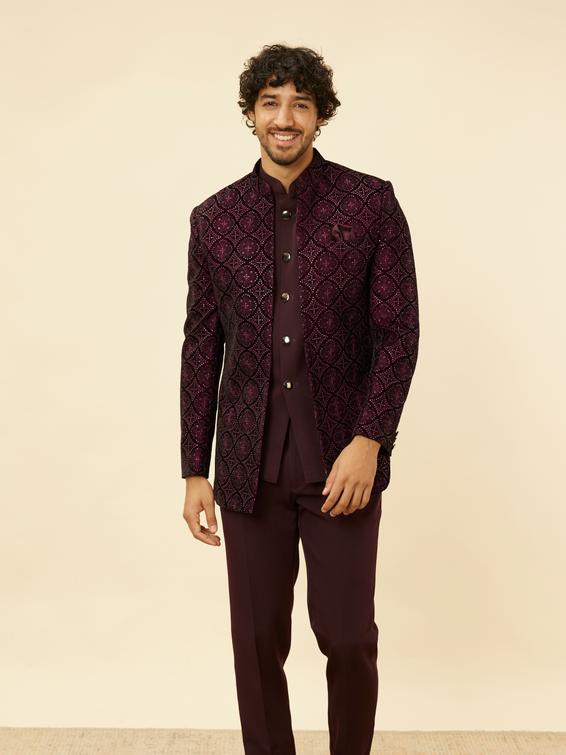 Twamev Men Wine Sequined Embroidery Indo Western