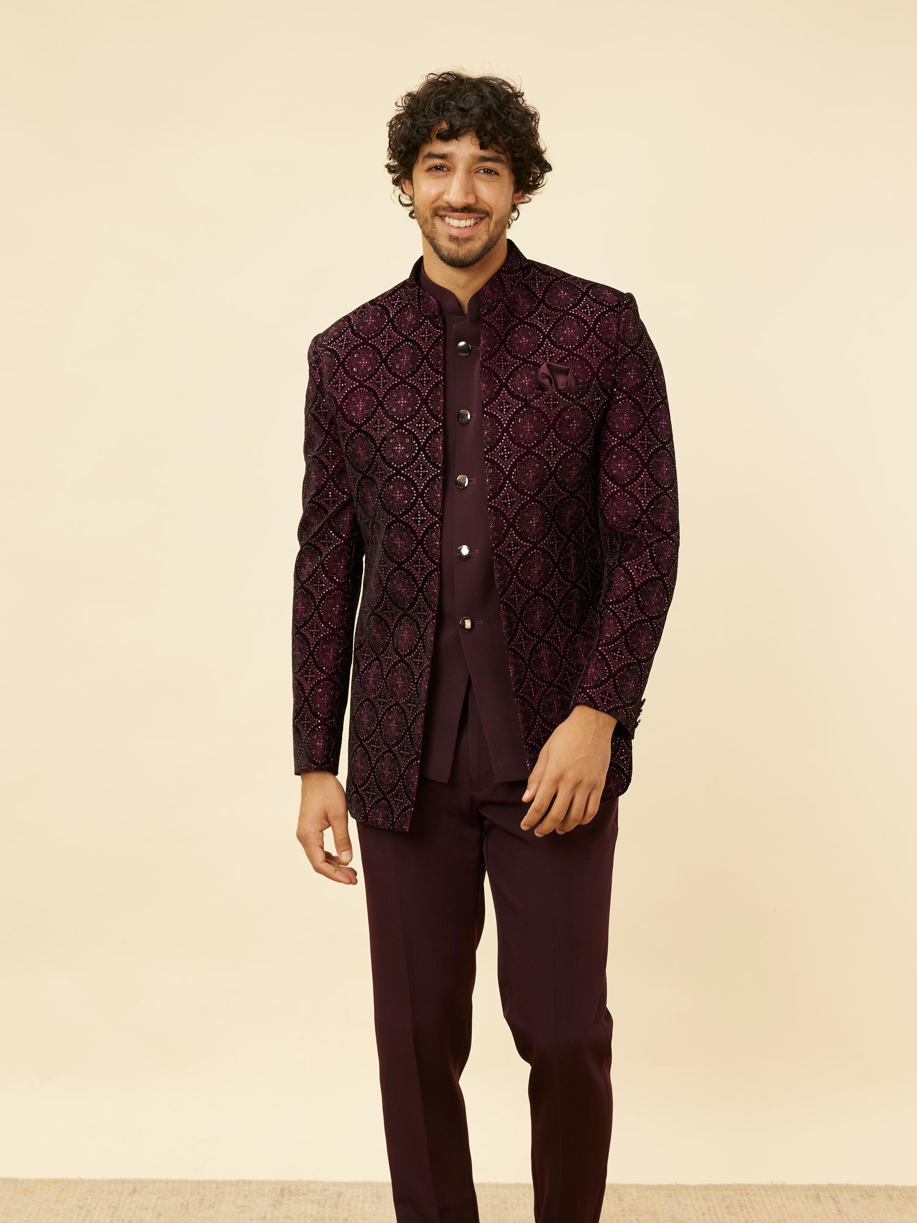 Twamev Men Wine Sequined Embroidery Indo Western