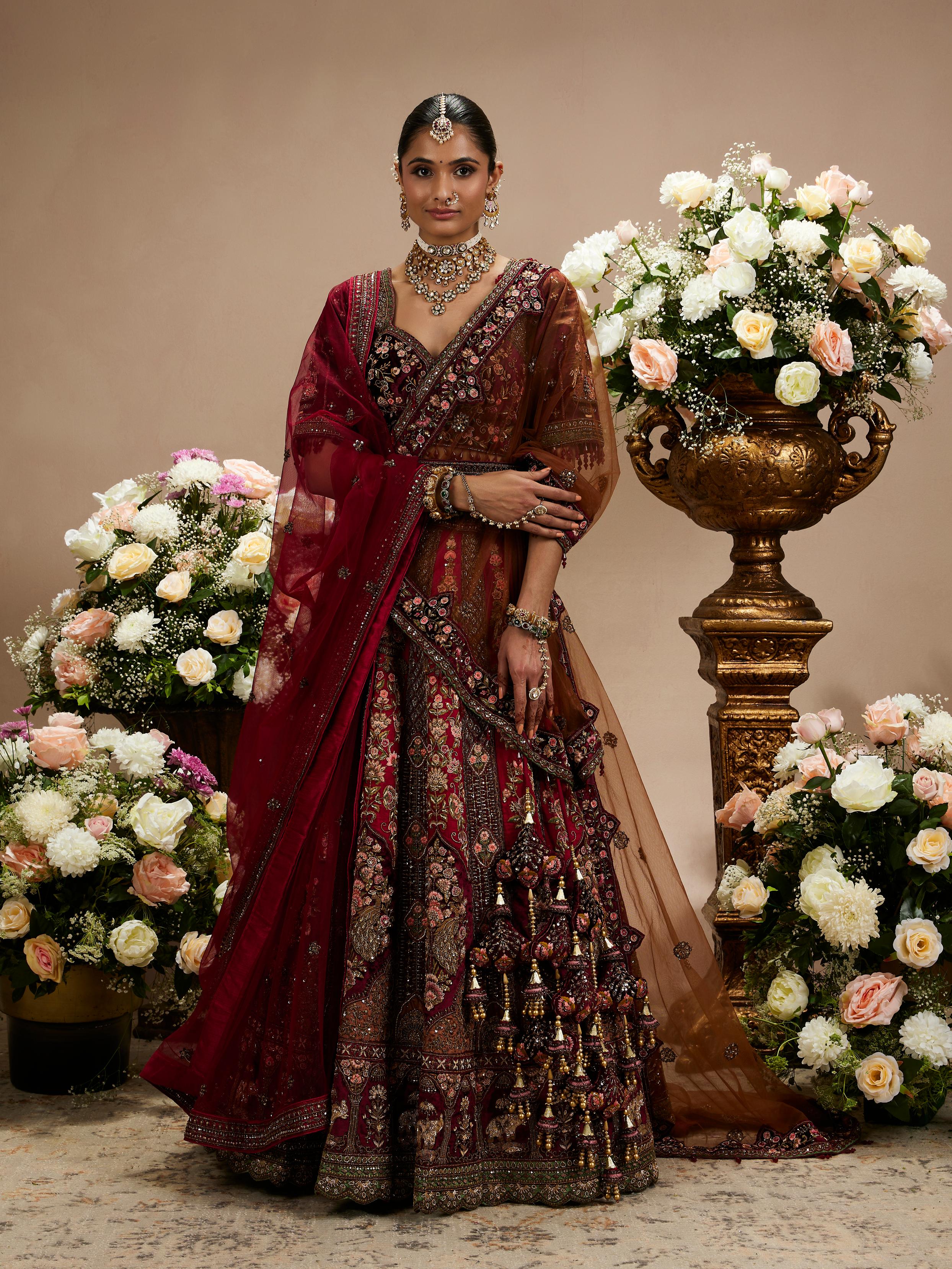 Twamev Women Maroon Red Jhallar Patterned Lehenga with Floral, Elephant Motifs And Sequin Work