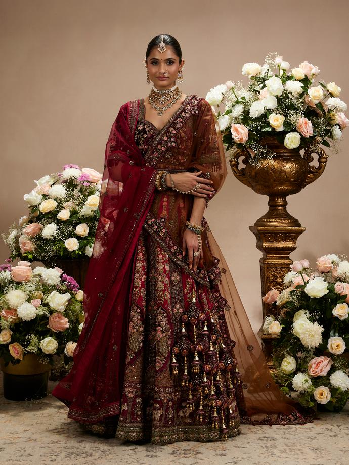 Twamev Women Maroon Red Jhallar Patterned Lehenga with Floral, Elephant Motifs And Sequin Work