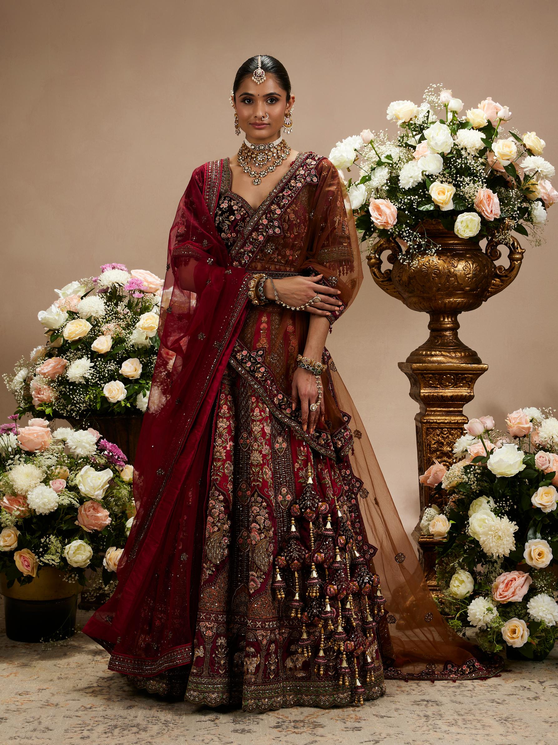 Twamev Women Maroon Red Jhallar Patterned Lehenga with Floral, Elephant Motifs And Sequin Work