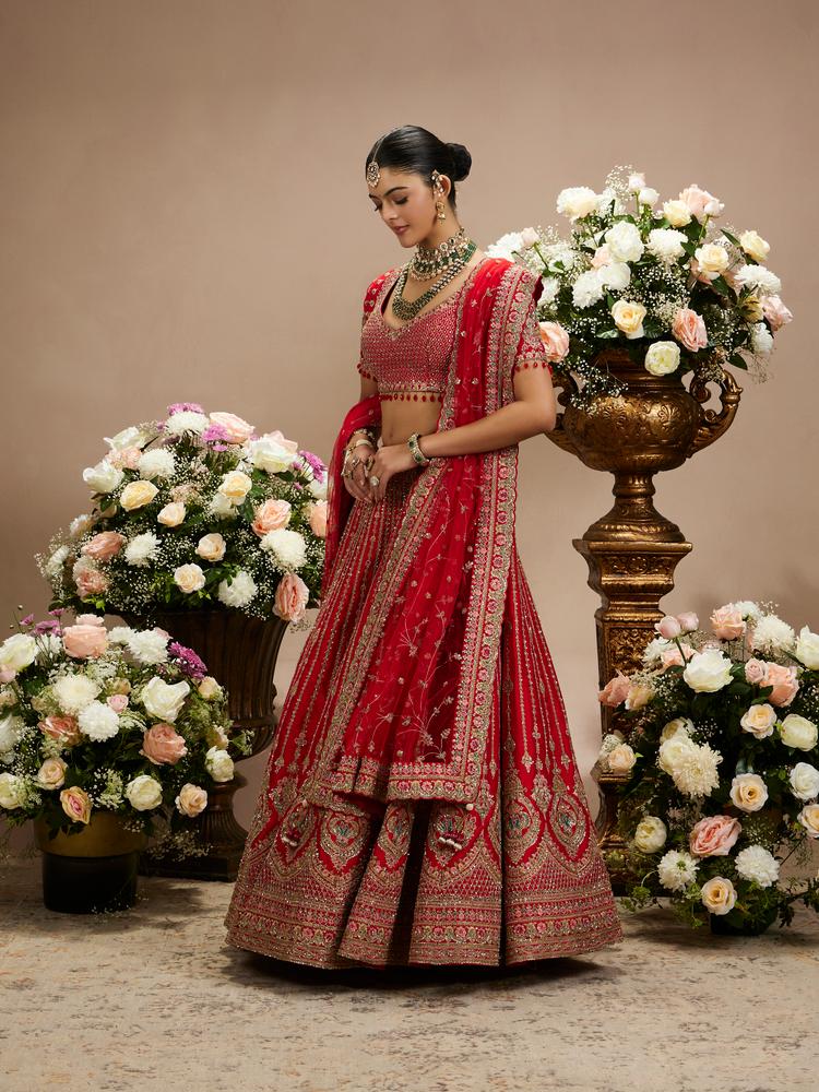 Twamev Women Rani Red Linear Patterned Lehenga with Floral Buta Motifs And Bel Buti Borders