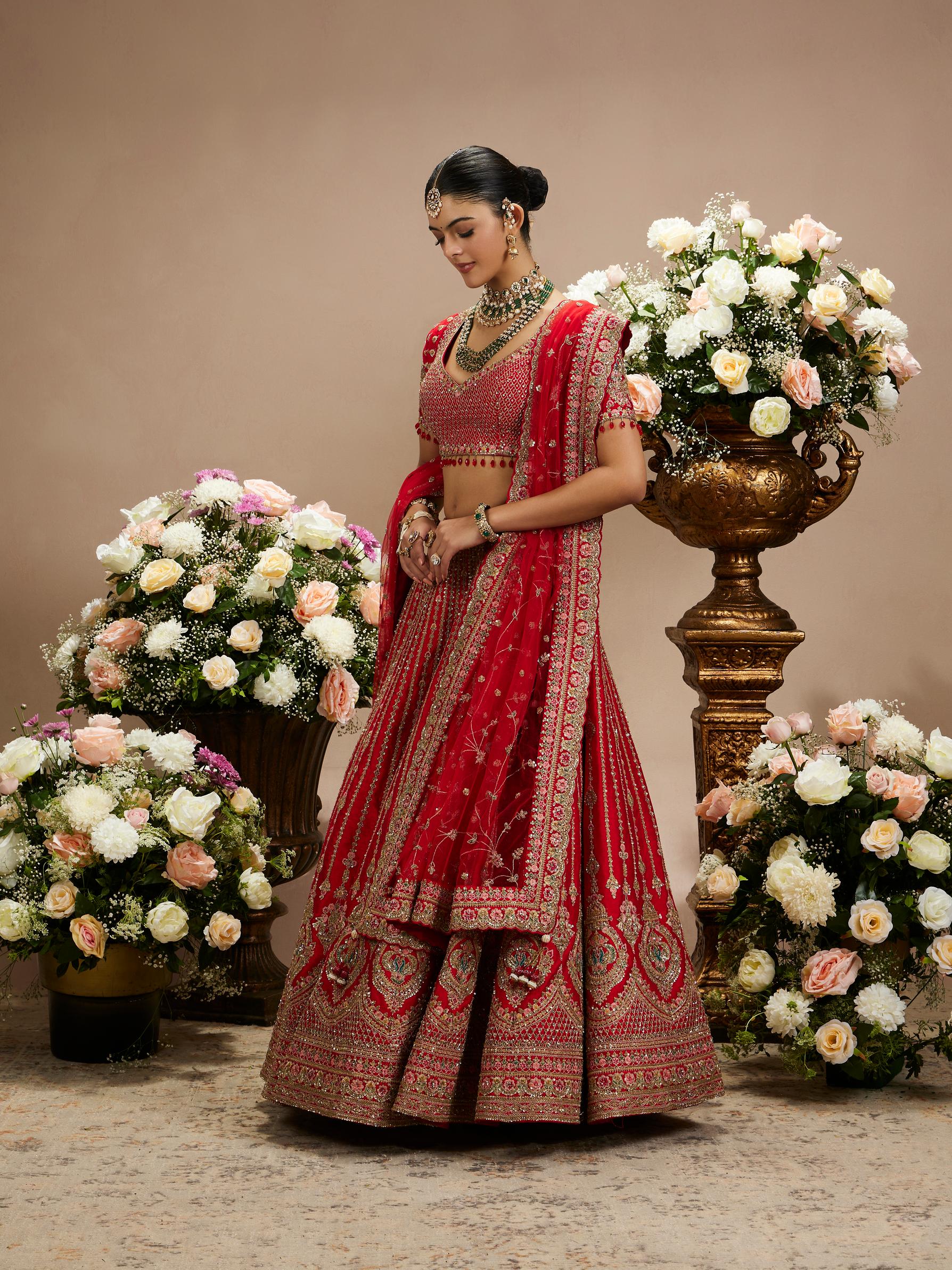 Twamev Women Rani Red Linear Patterned Lehenga with Floral Buta Motifs And Bel Buti Borders