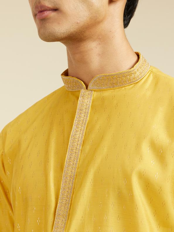 Diwas Men Mustard Yellow Kurta with Petal Motifs and Embroidered Placket