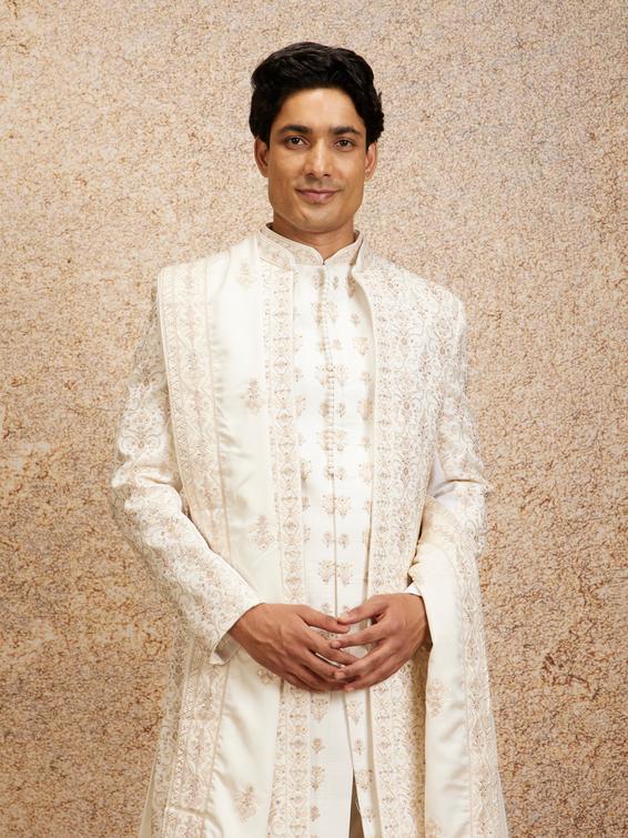Twamev Men Warm White Satin Sherwani with Zari Embellishments