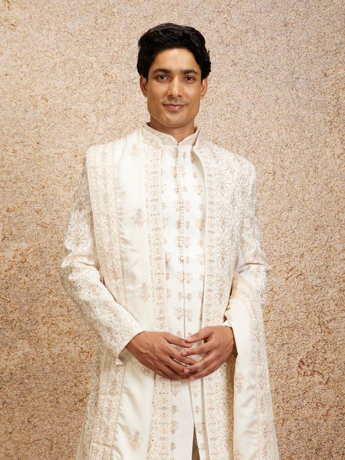 Twamev Men Warm White Satin Sherwani with Zari Embellishments