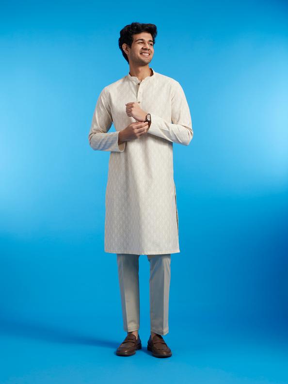 Diwas Men Cream Beige Harlequin Printed Kurta