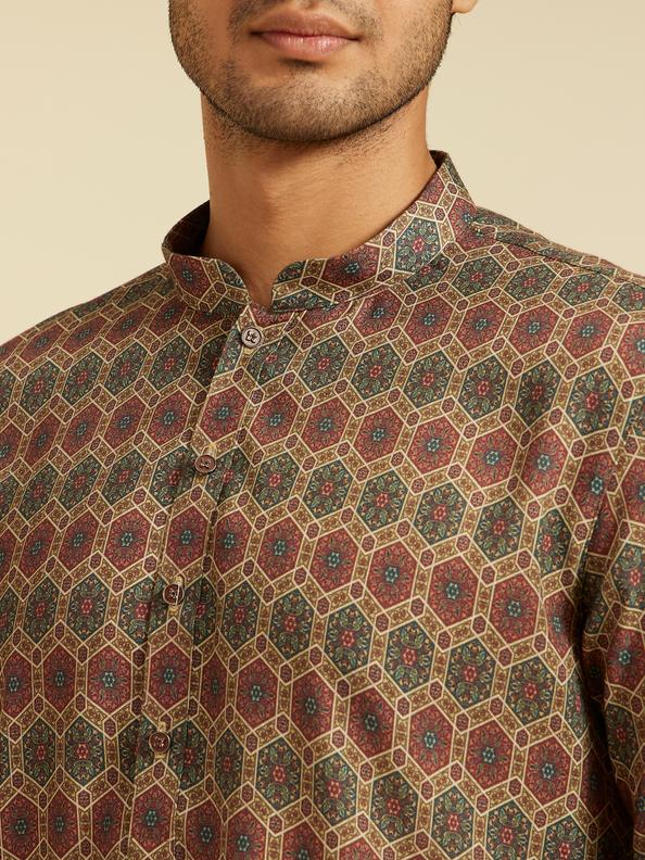 Diwas Men Olive Green Honeycomb Printed Kurta