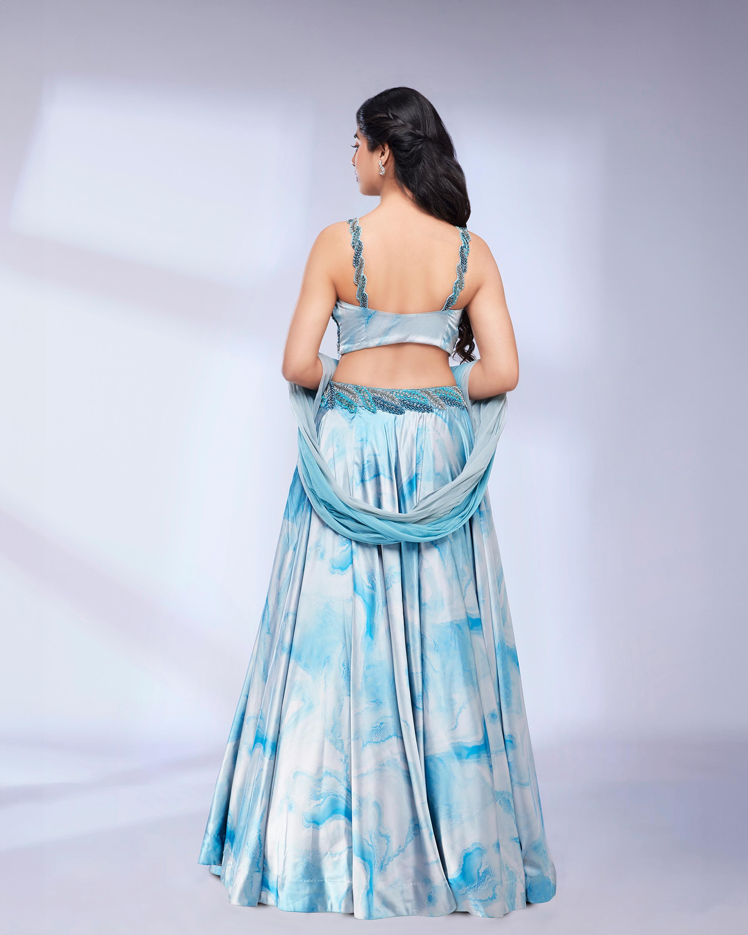 Twamev Women Teal Blue Marble Printed Sequinned Skirt Top
