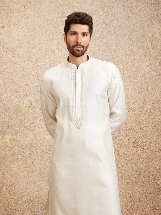 Twamev Men Embellished Warm White Kurta Pajama