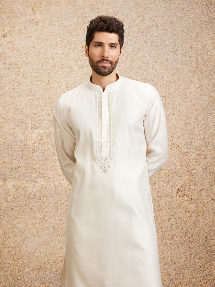 Twamev Men Embellished Warm White Kurta Pajama