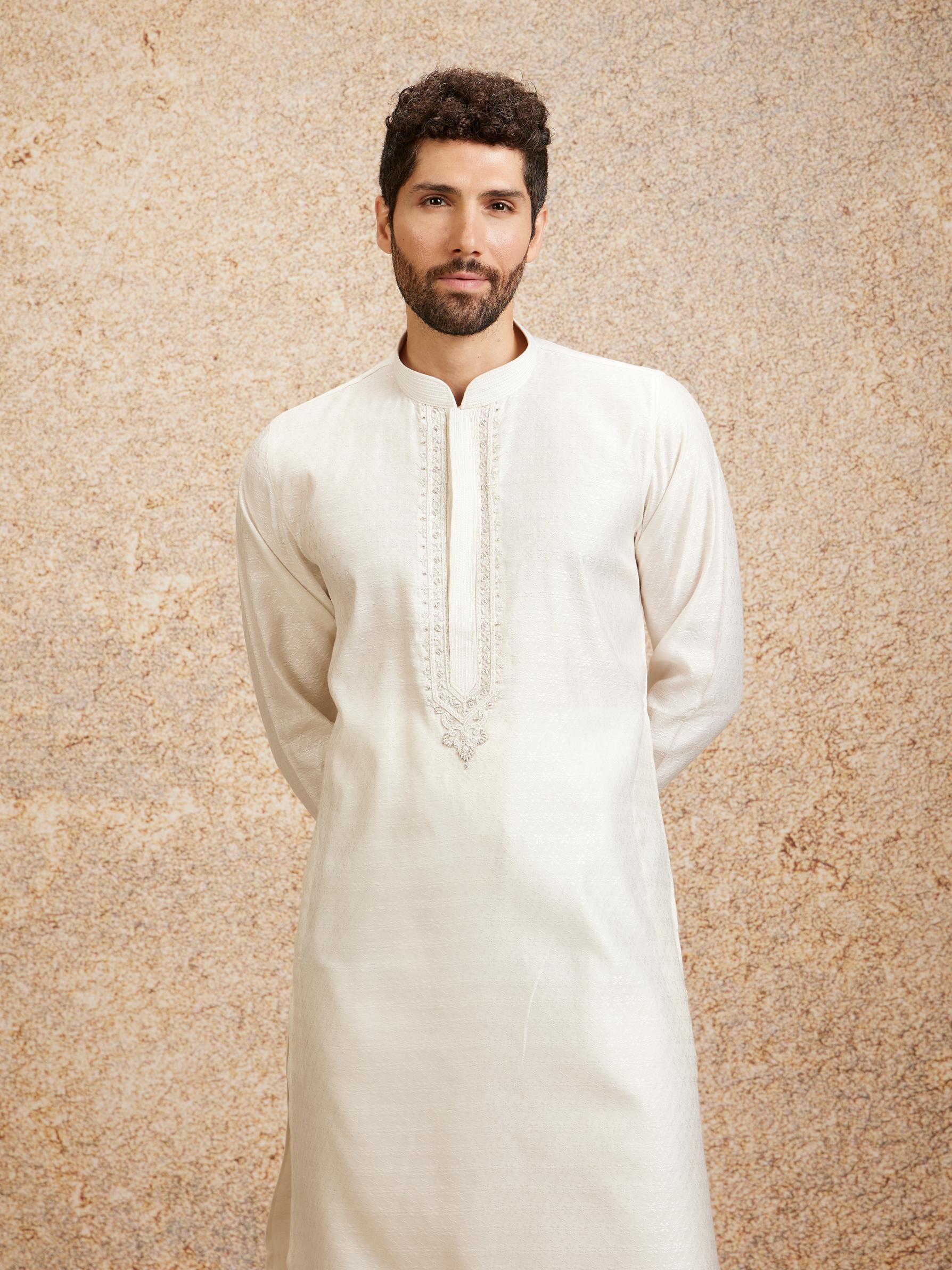 Twamev Men Embellished Warm White Kurta Pajama