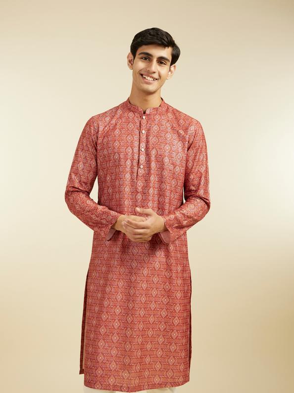 Diwas Men Rust Red Diamond Printed Kurta