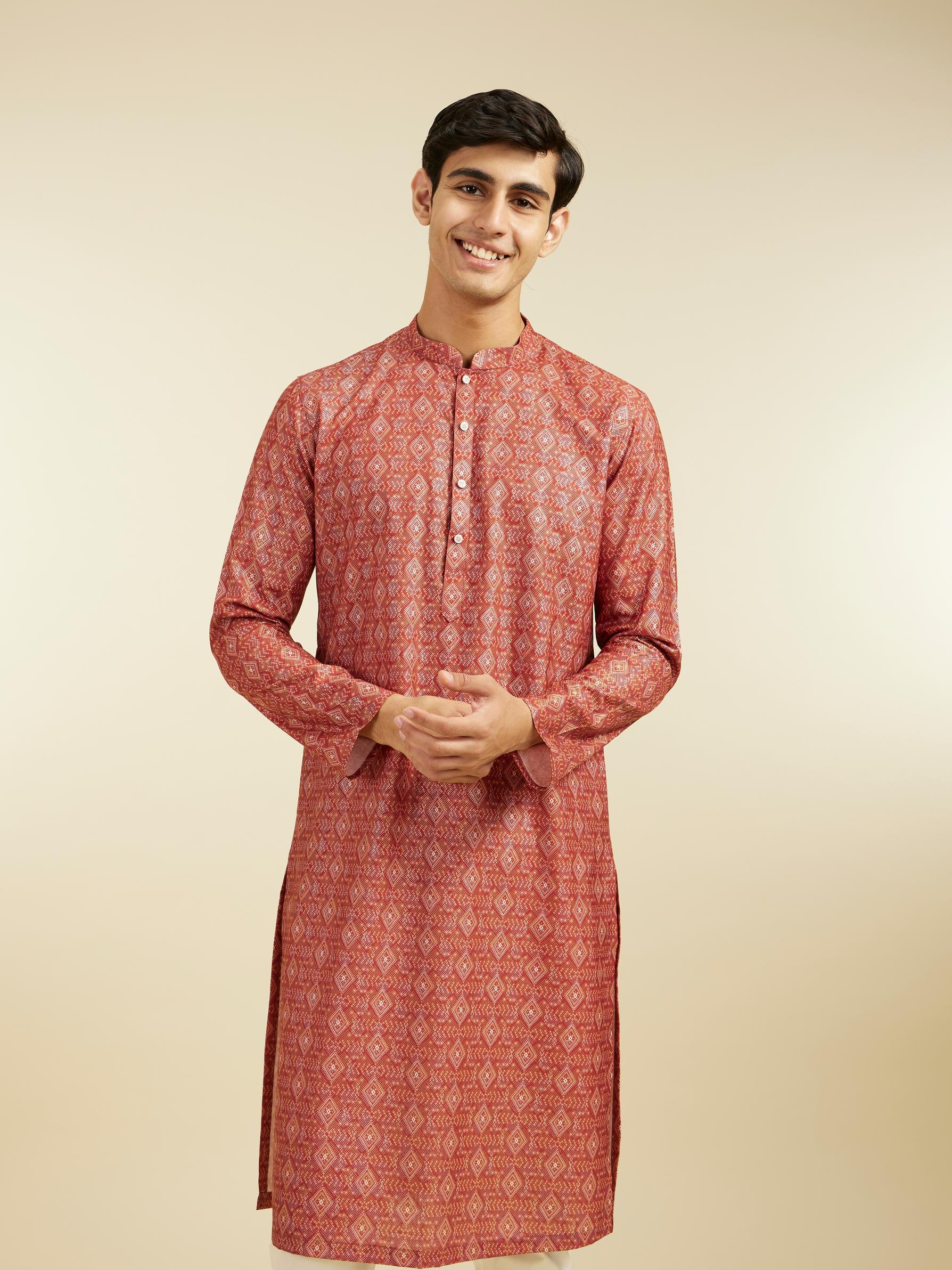 Diwas Men Rust Red Diamond Printed Kurta