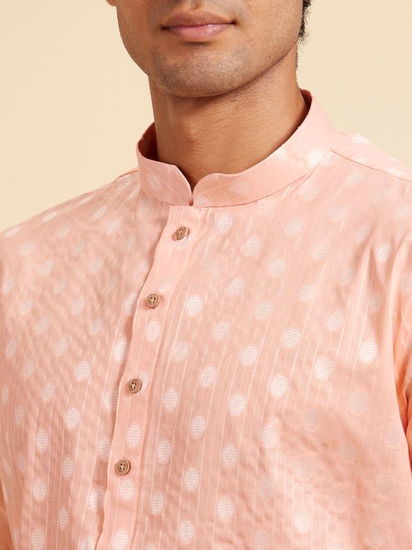 Diwas Men Coral Peach Striped and Oval Patterned Kurta