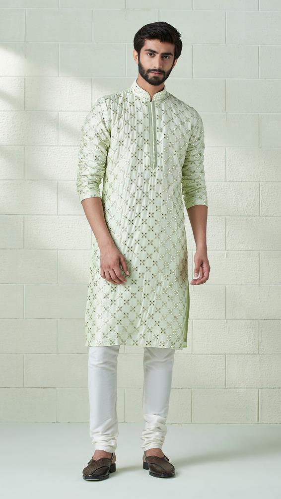 Twamev Men Mint Green Mirror Work Kurta Set