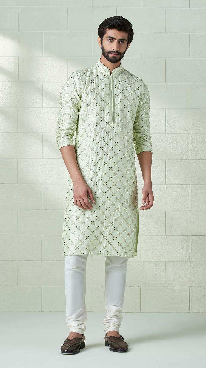 Twamev Men Mint Green Mirror Work Kurta Set