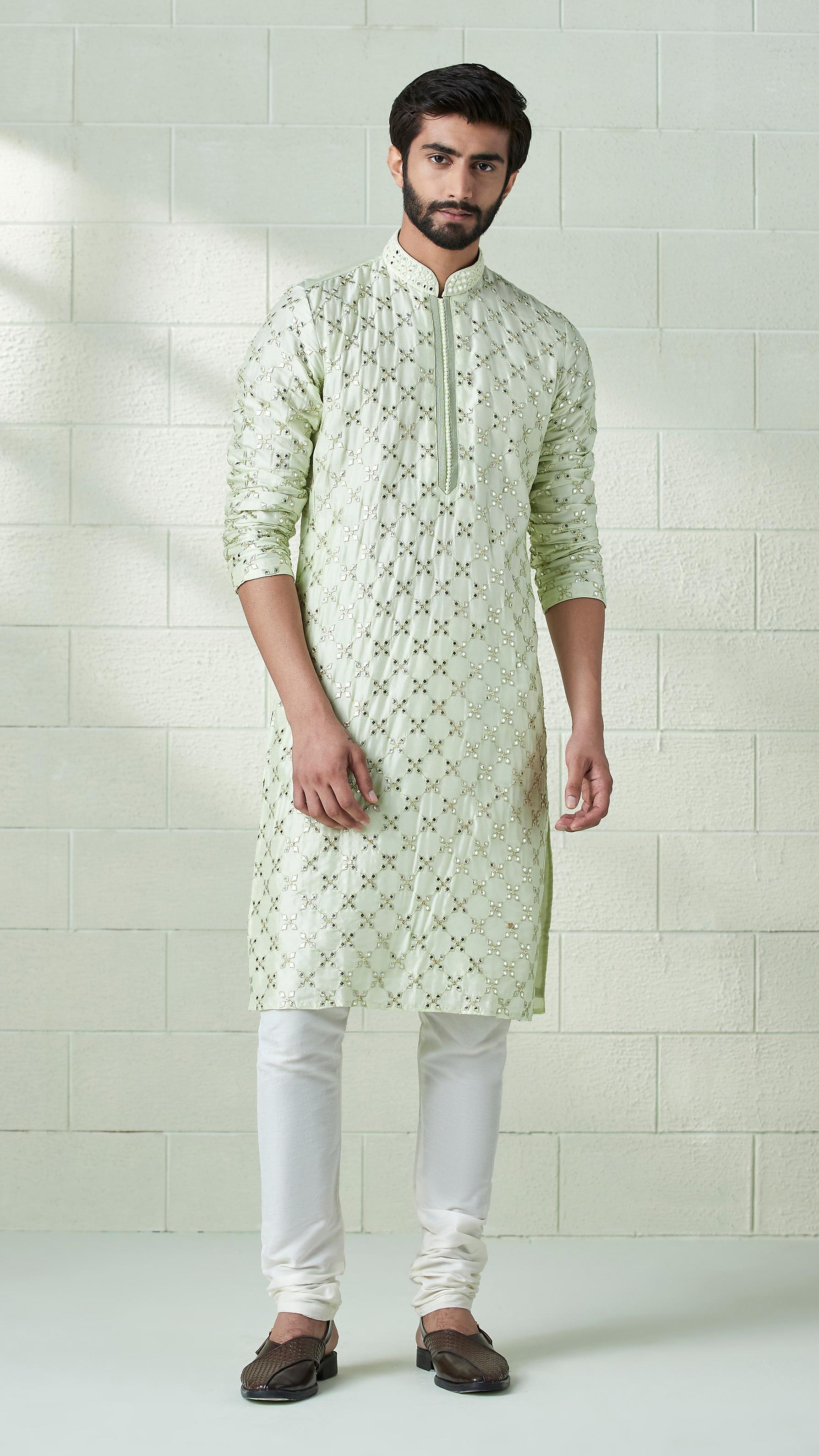 Twamev Men Mint Green Mirror Work Kurta Set