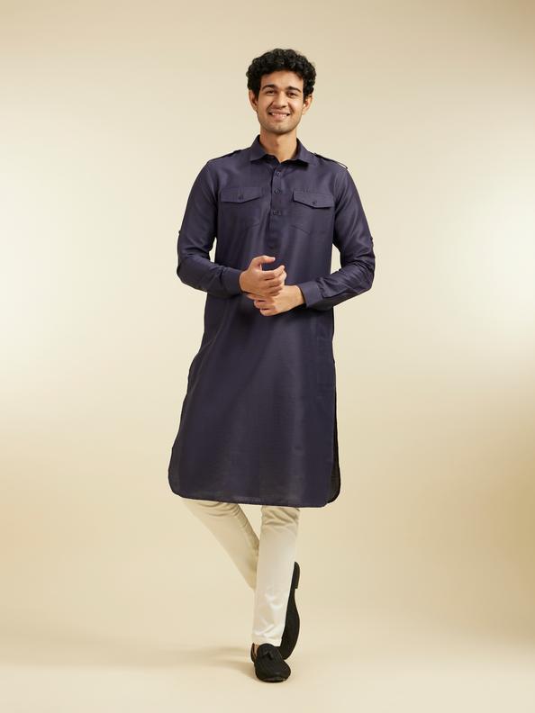 Diwas Men Indigo Blue Paithani Style Kurta with Cuffed Sleeves