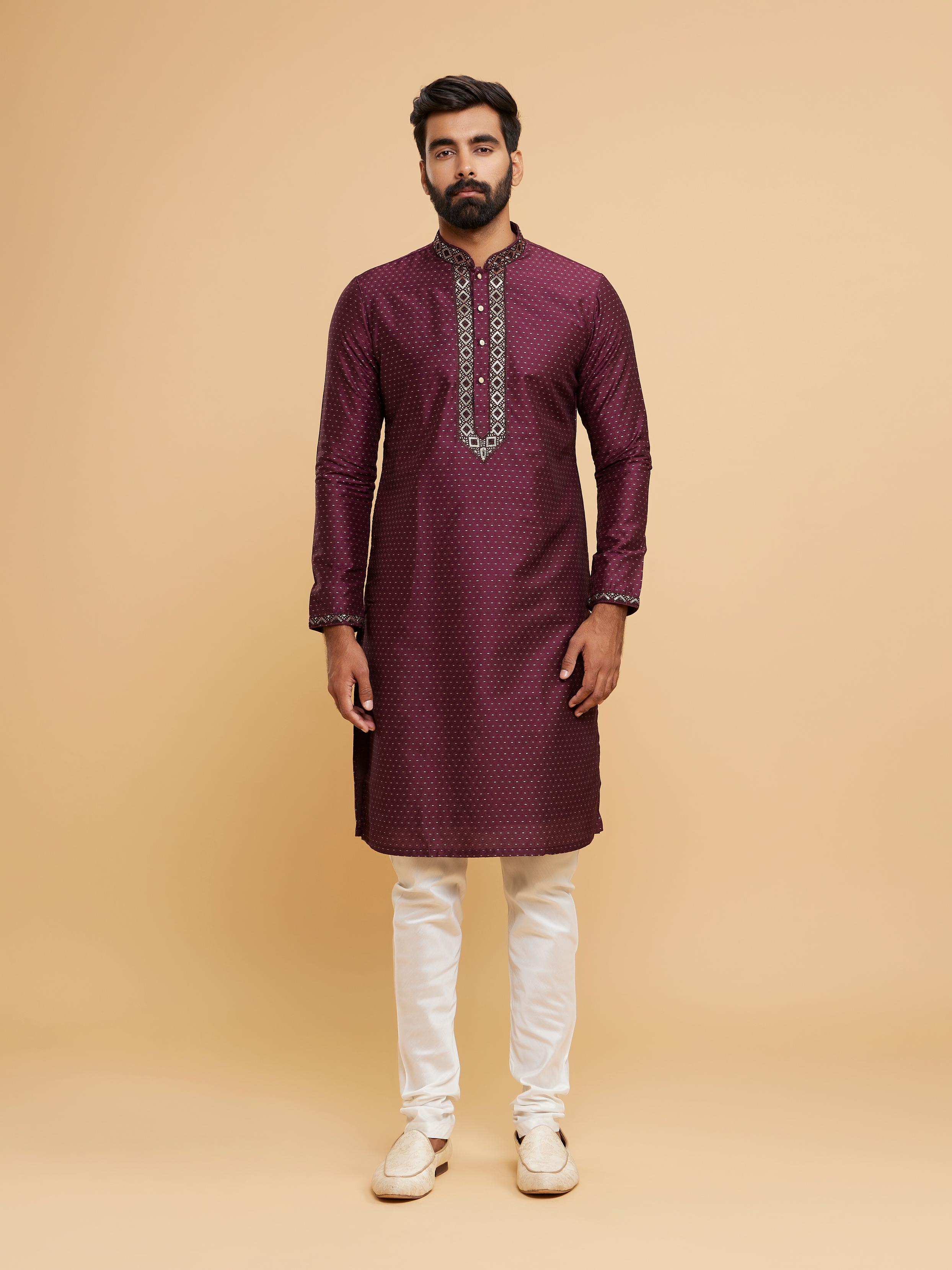 Twamev Men Glistening Wine Kurta Pajama Set
