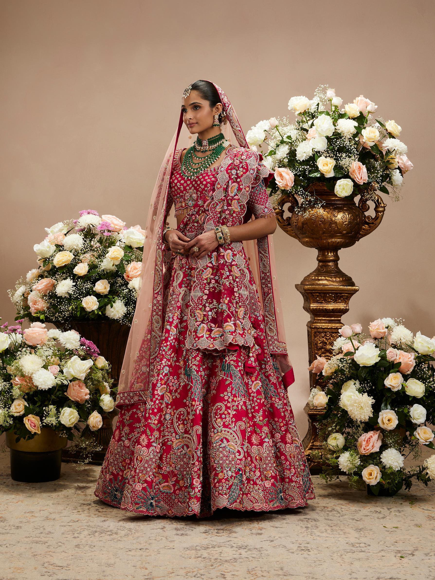 Twamev Women Carmine Red Floral Embroidered Sequinned Lehenga with Paisley And Peacock Motifs