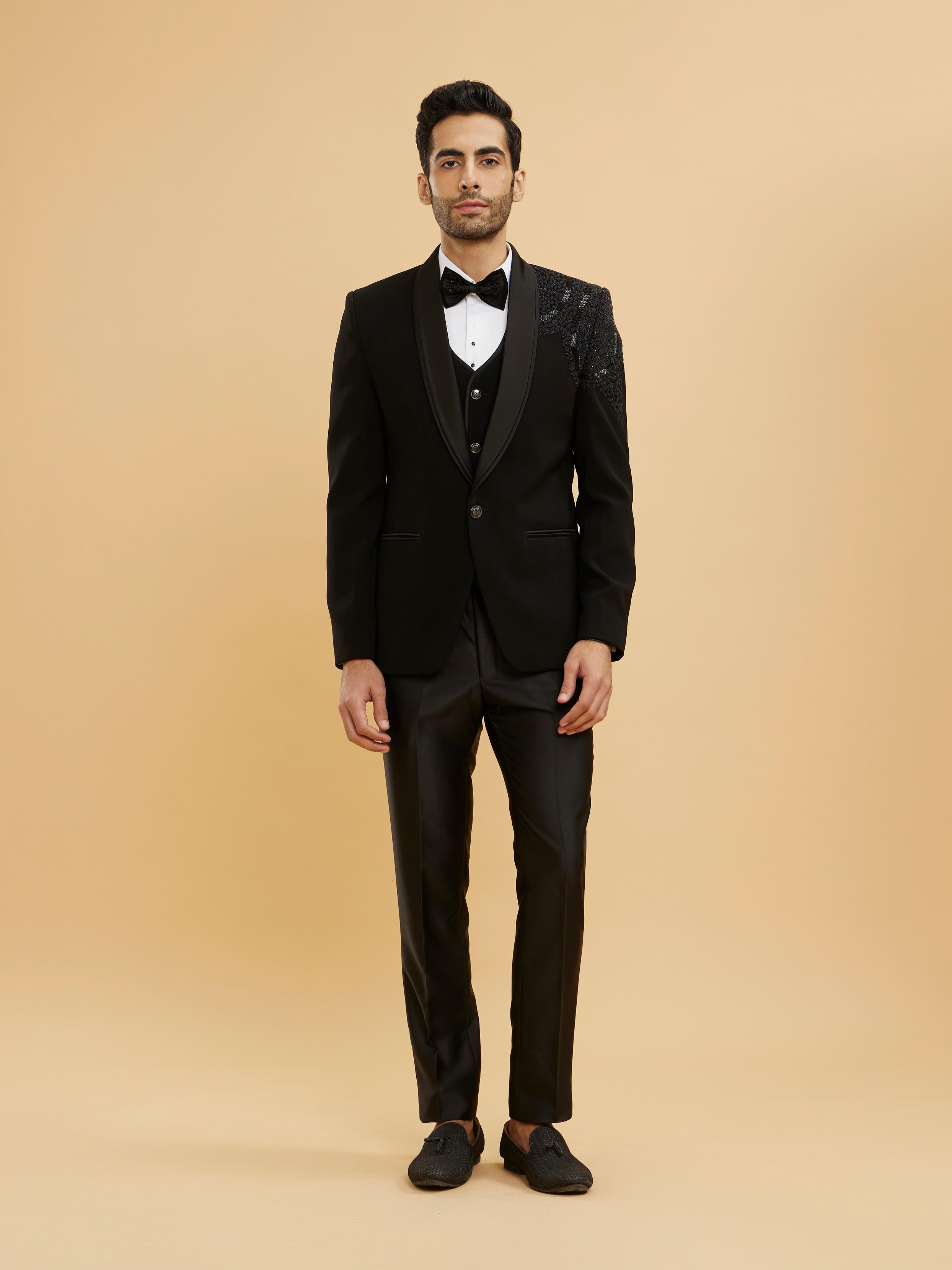 Twamev Men Ebony Black Shawl Collared Tuxedo Suit Set with Rhinestones