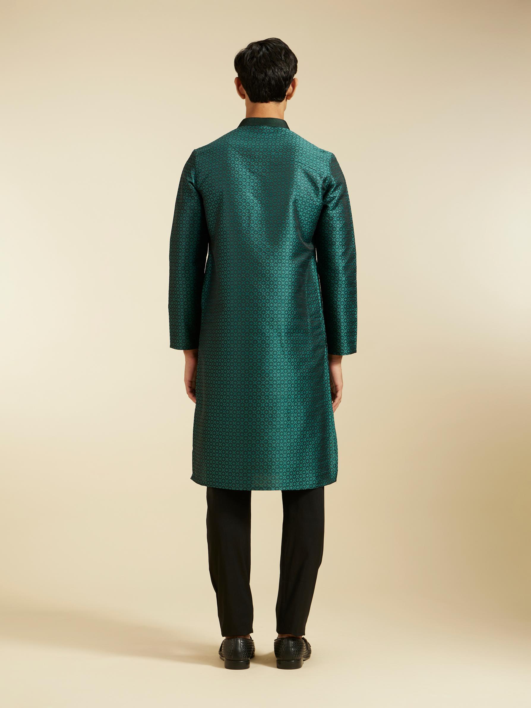 Diwas Men Bottle Green Lattice Patterned Kurta