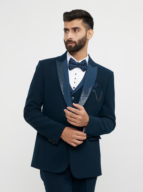 Twamev Men Teal Green Plain Classic Suit Set with Cutdana Work