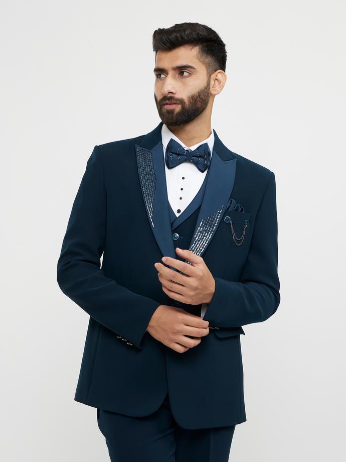 Twamev Men Teal Green Plain Classic Suit Set with Cutdana Work