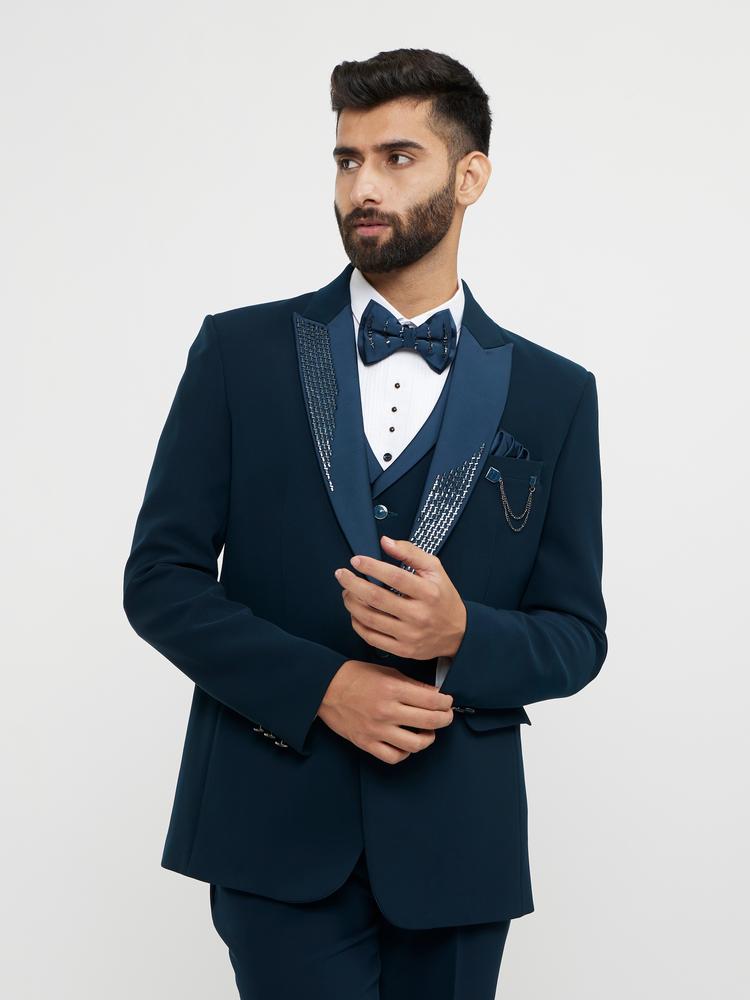Twamev Men Teal Green Plain Classic Suit Set with Cutdana Work