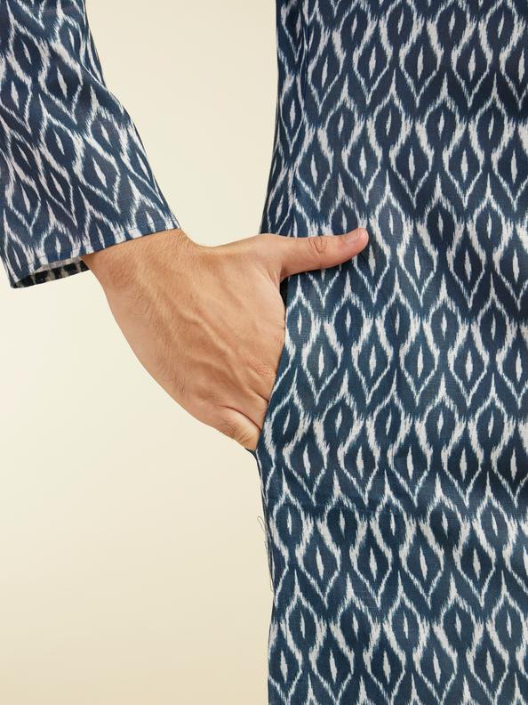 Diwas Men Oxford Blue IKat Print Kurta