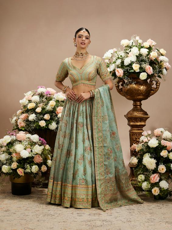 Twamev Women Sea Green Floral Embroidered Lehenga with Mirror Work And Tassled Blouse