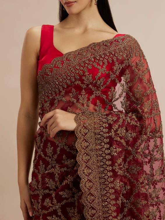 Twamev Women Enchanting Rust Red Net Saree