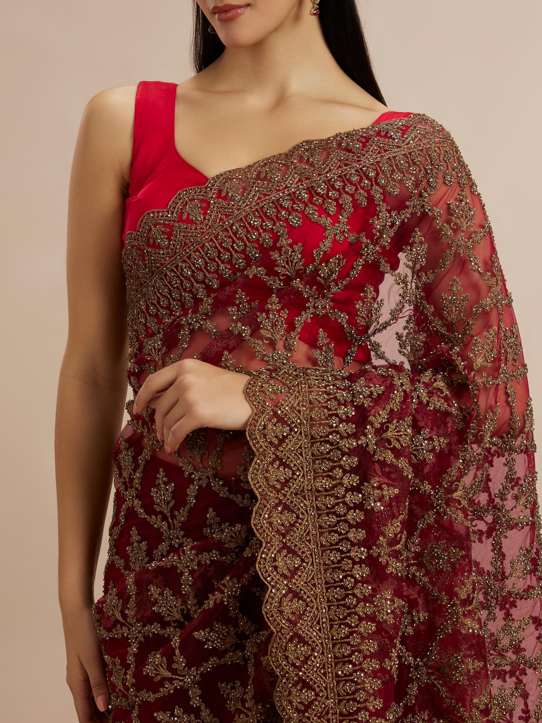 Twamev Women Enchanting Rust Red Net Saree