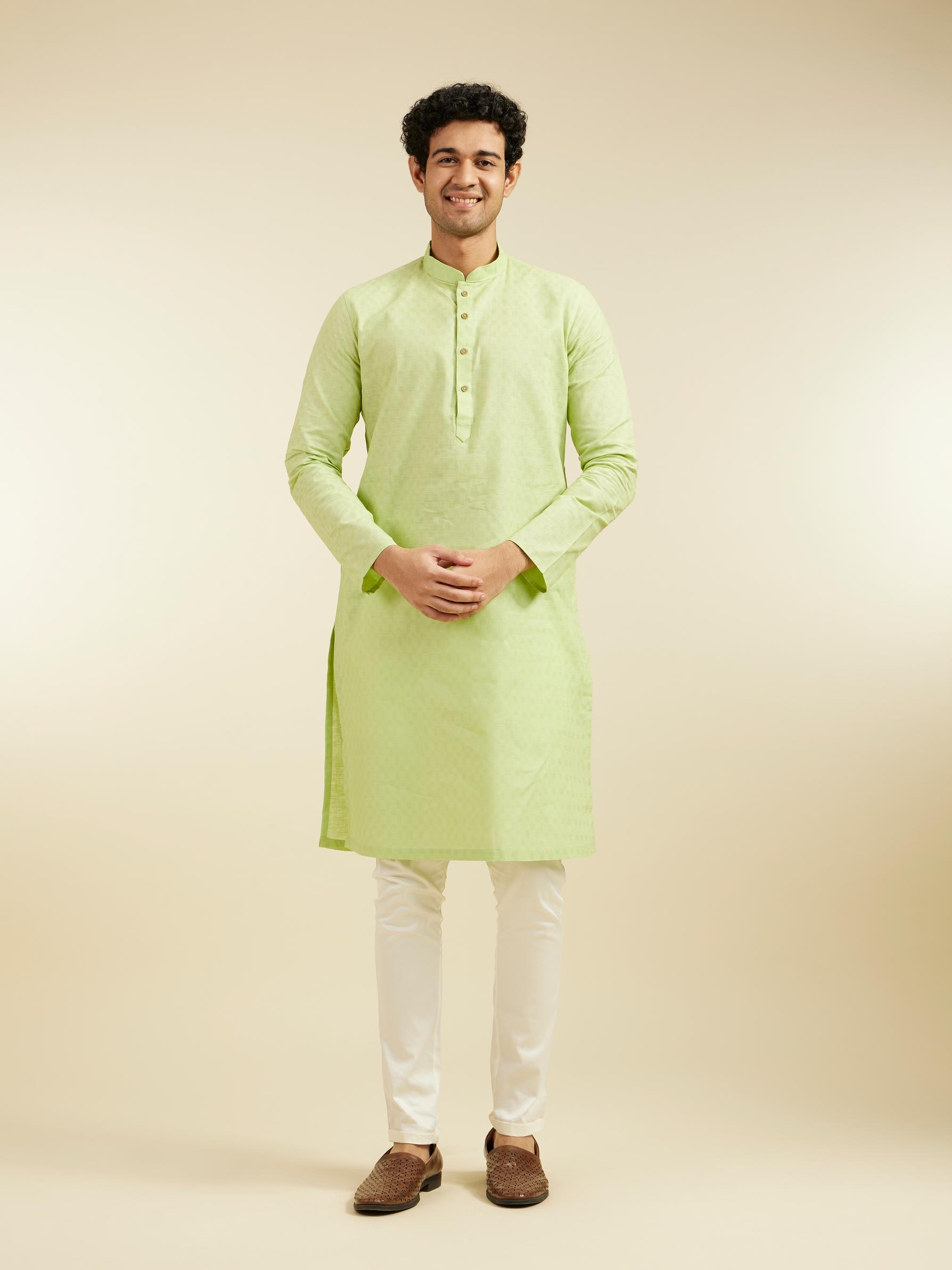 Diwas Men Soft Green Self Textured Kurta