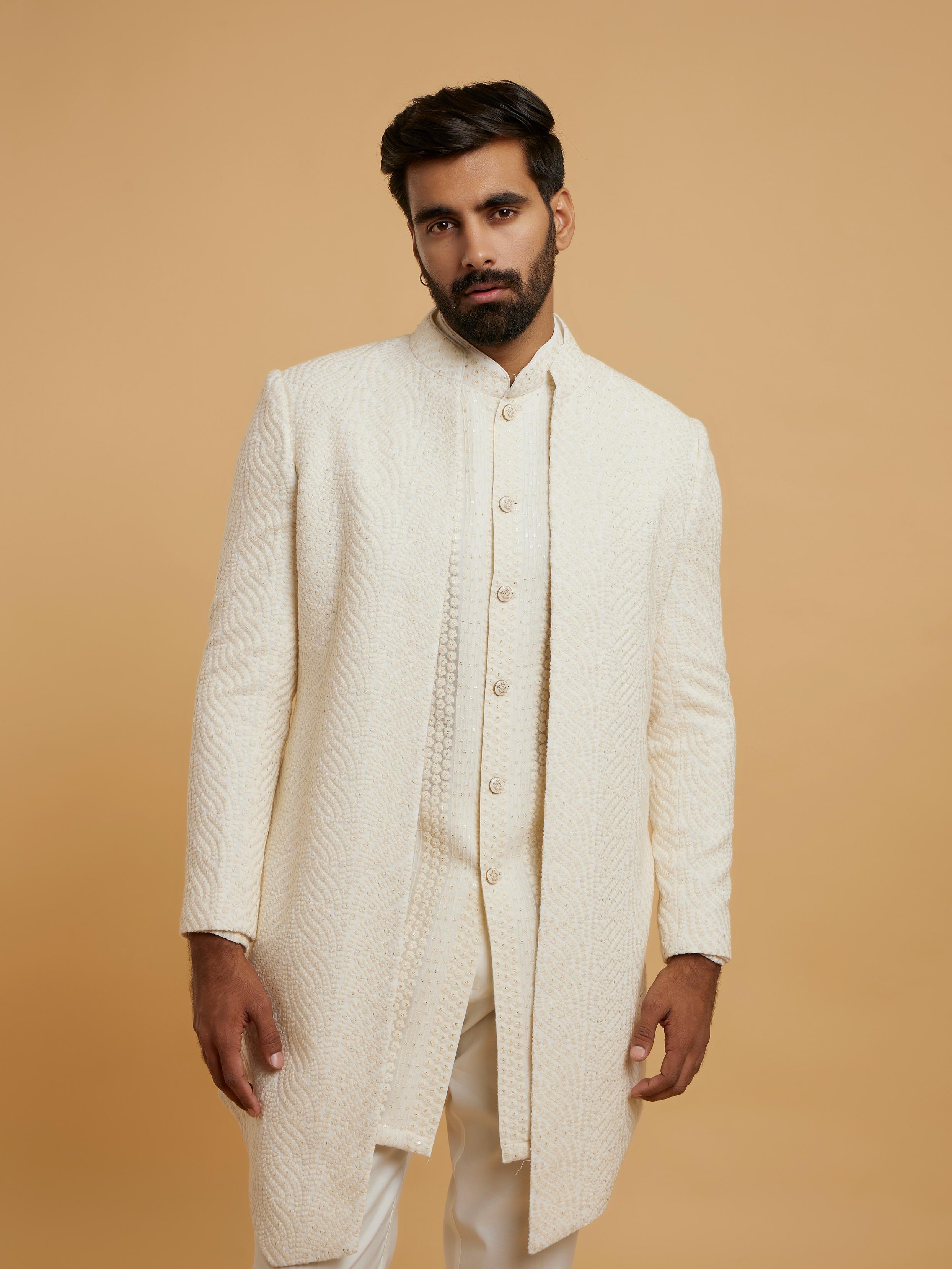 Twamev Men Cream Georgette Glimmer Indo Western