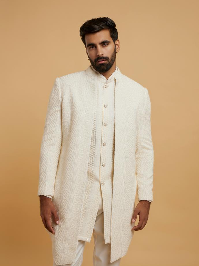 Twamev Men Cream Georgette Glimmer Indo Western