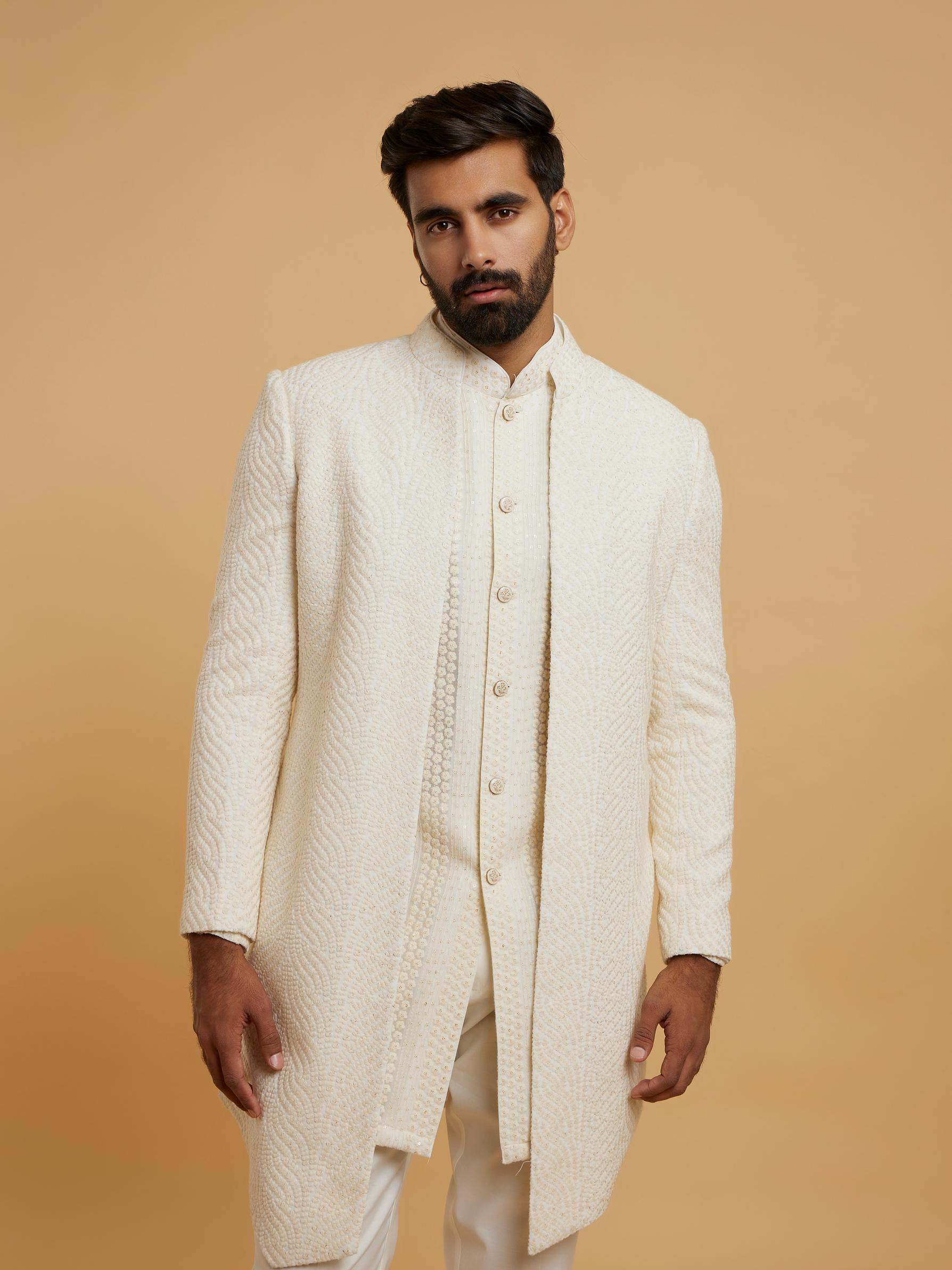 Twamev Men Cream Georgette Glimmer Indo Western