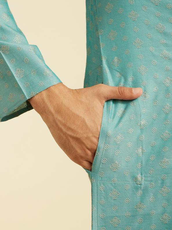 Diwas Men Aqua Green Buta Patterned Kurta with Striped Neckline